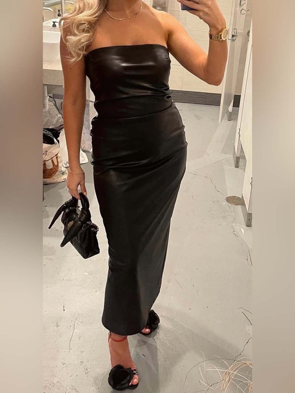 Zara Black Strapless Satin Midi Column Dress